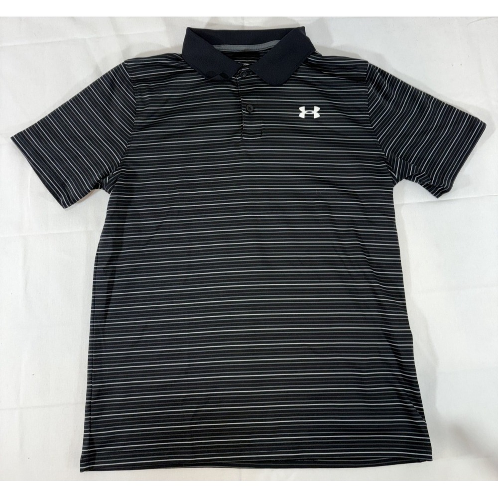 Under Armour Boys Youth Large Black Grey Striped Short Sleeve Performance Polo